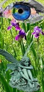 Fairy statue with eye and flowers in lush garden.