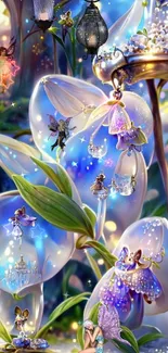 Whimsical fairies in a magical flower garden with soft, enchanting light.