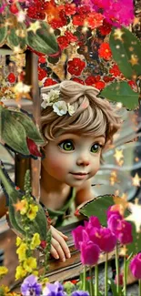 Whimsical fairy surrounded by vibrant blooms in magical garden art.