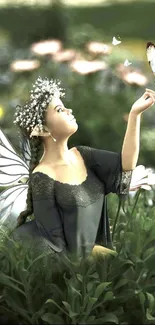 Fairy with butterfly in enchanted garden wallpaper.