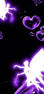 Glowing purple fairies with hearts on a dark background.