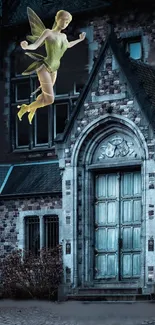 A whimsical fairy hovers over a gothic doorway at night.