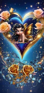 Fairy in a heart surrounded by roses on a starry blue background.