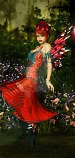 Enchanting red fairy in a mystical forest setting.