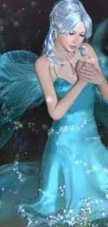 Fairy in blue dress surrounded by stars and flowers.