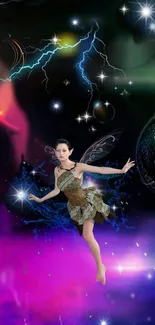 Fairy in a vibrant cosmic dreamscape with electrifying elements.