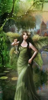 Fantasy wallpaper of a serene fairy in lush green scenery.