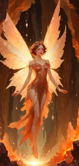 Enchanting fairy with fiery wings glowing in an ethereal fantasy setting.