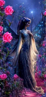 Elegant fairy surrounded by glowing roses in a magical garden at night.