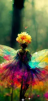 Colorful fairy in a vibrant flower field with ethereal wings.