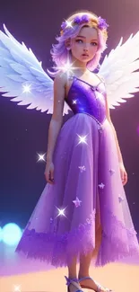 A magical fairy in a purple dress with bright wings against a softly lit background.