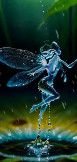 Fairy dancing in a rain-soaked fantasy scene.