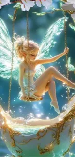 A whimsical fairy with wings sits gracefully in a decorative teacup.