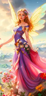 Fairy in a colorful dress with wings amidst vibrant flowers in a mountain landscape.