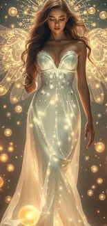 Ethereal fairy with glowing dress and lights.