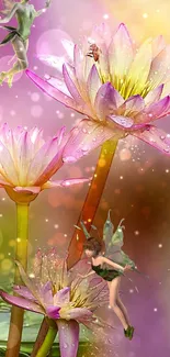 Enchanting fairy and flower mobile wallpaper with pink and yellow hues.