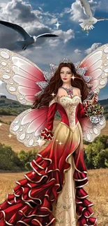 Beautiful fairy in red dress with wings in a scenic meadow.