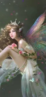 Ethereal fairy with colorful wings in a mystical garden wallpaper.