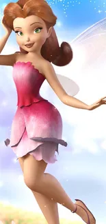 Fairy character in pink dress with floral background.