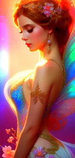 Enchanting fairy with colorful wings and floral details on a mobile wallpaper.