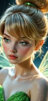 Enchanting fairy with luminous wings and a captivating gaze in a magical setting.