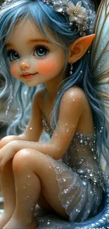 Enchanting fairy with blue wings sits gracefully.