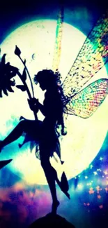 A fairy silhouette against a glowing full moon with colorful wings.