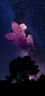 Silhouette of a fairy against a starry night sky in a colorful mobile wallpaper.