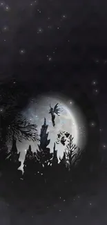 Fairy silhouette against a full moon in a starry night sky.