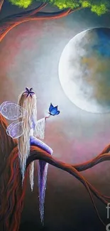 Fairy on branch under glowing moon with mystical ambiance.