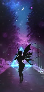 A magical fairy silhouette against a purple night forest background.