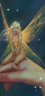 Mystical fairy perched on a hand, glowing wings, dark fantasy art.