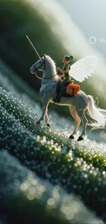 Fairy riding a white horse with wings through dewy grass.