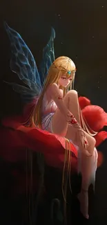 Fairy with long hair sitting on a red rose.