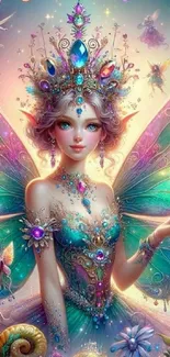 Colorful fairy princess with ornate wings and jewels in a fantasy setting.