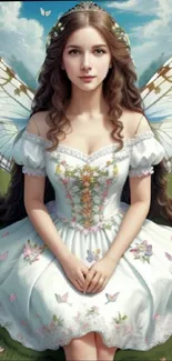 Enchanting fairy princess with butterfly wings in a magical outdoor setting.