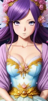 Anime fairy princess with purple hair and floral crown in fantasy art.