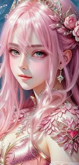 Pink-haired fairy princess with floral crown in magical forest setting.