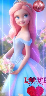 Enchanting fairy princess with pink hair and blue dress holding flowers.