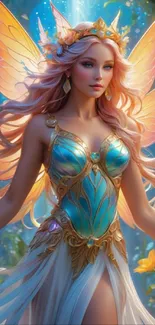 Fantasy fairy princess in a mystical forest with colorful wings and flowing dress.