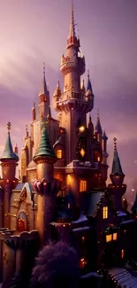 Magical fairy tale castle wallpaper with twilight hues and enchanting ambiance.