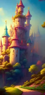 A magical fairy tale castle set in a vibrant, dreamlike landscape.