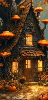 Fairy tale cottage with orange mushrooms.
