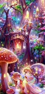 Fairy tale forest with glowing mushrooms and magical lights.