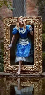 Girl in blue dress stepping through ornate frame in a woodland setting.