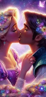 Enchanting fairy tale couple kissing with vibrant colors and floral elements.