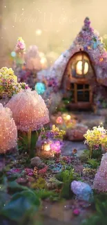 Enchanting fairy tale wallpaper with glowing mushrooms and a cozy cottage.