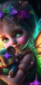 A fairy child with wings, holding a small creature in a magical forest.