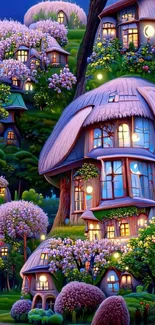 A magical fairy tale village lit up under a starry night sky with colorful blooms.