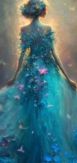 Mystical woman in a blue dress with glowing butterflies.